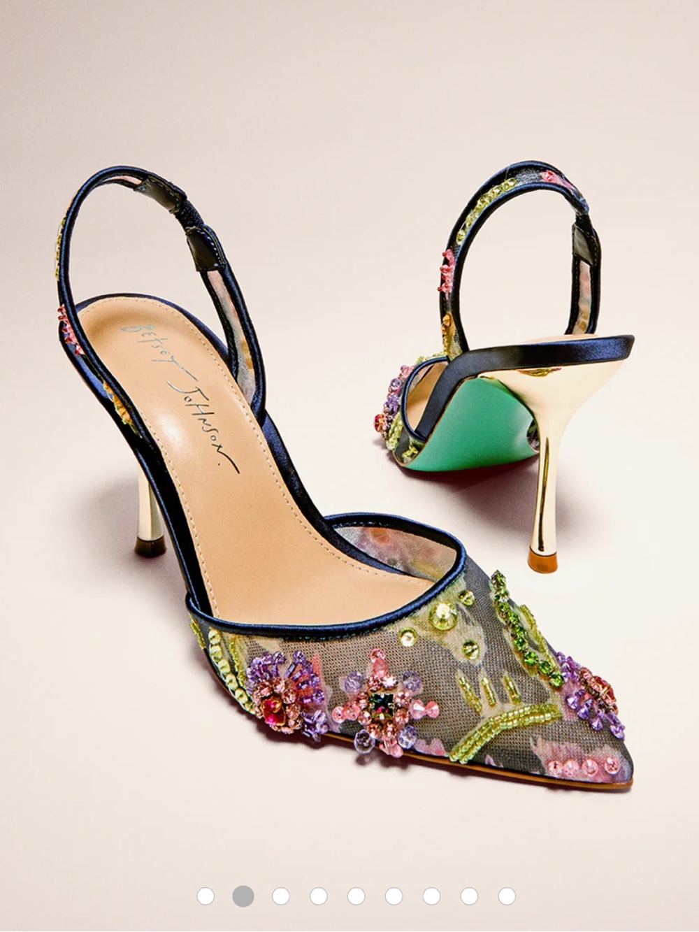 Betsey Johnson Embellished Black Mesh Slingback Heels with Green Soles